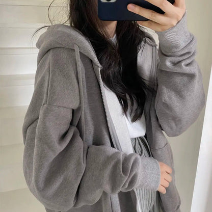 Women Hoodies Solid Color Zip Up Pocket Oversized Harajuku Korean Sweatshirts Female Long Sleeve Hooded Streetwear Casual Top