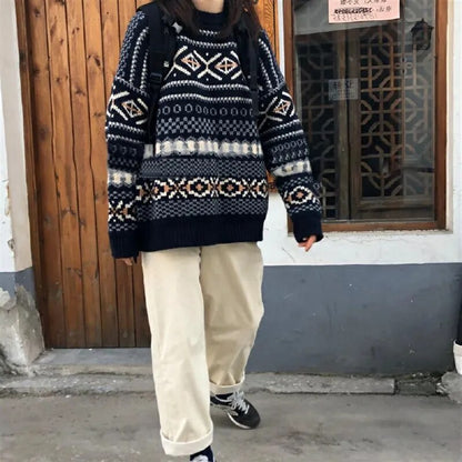 maoxiangshop Women Pullovers Knit Jumper Vintage Cozy Grandpa Sweater Aesthetic Winter Outfit