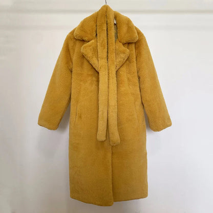 maoxiangshop  -  Luxury Winter Long Overcoats Women Oversized Lapel Belted Faux Rabbit Fur Coat Jacket Female Plus Size Outerwear Plush Fur Coats
