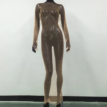 maoxiangshop-Y2K Sexy Shiny Rhinestones Grid Fishnet Dress Long Sleeve Hollow Out Side Slit Dress Beach Cover Up Breathable Lady Vestidos