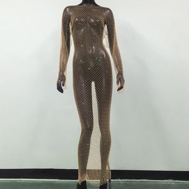 maoxiangshop-Y2K Sexy Shiny Rhinestones Grid Fishnet Dress Long Sleeve Hollow Out Side Slit Dress Beach Cover Up Breathable Lady Vestidos