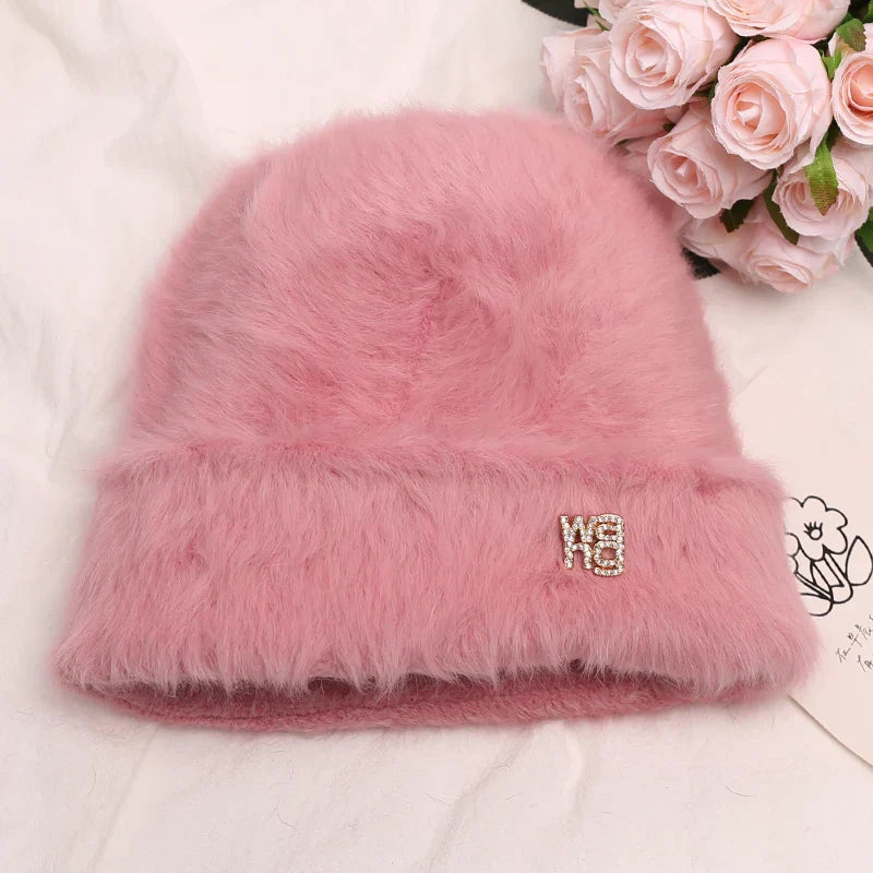 maoxiangshop New Fashion Rabbit Fur Y2k Beanies for Women Soft Warm Fluffy Angola Winter Hat Female Windproof Bonnet Hat Skullies Cap