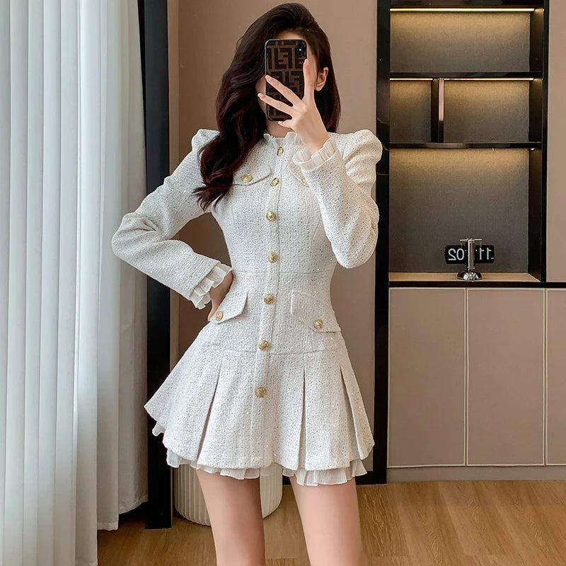 maoxiangshop New Women's Tweed Pleated Mini Dress Autumn Long Sleeve Korean Style Single Breasted Ruffle Fashion Office Lady Vintage Dresses