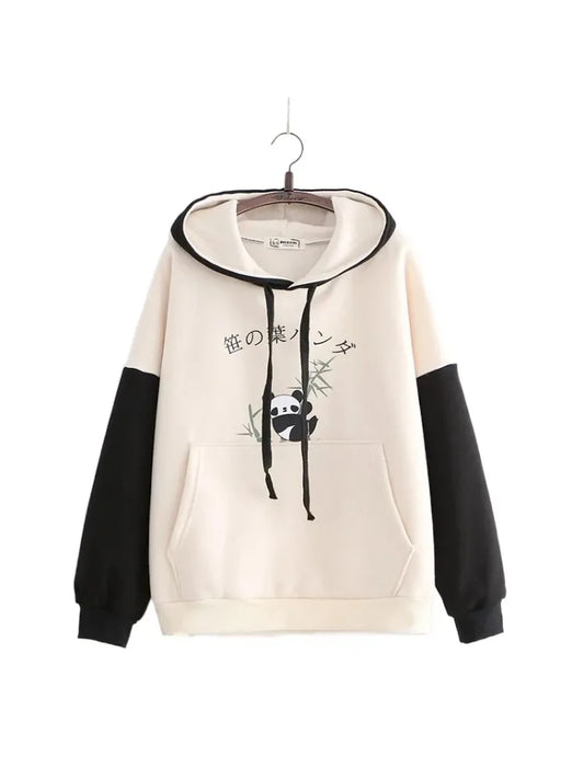 maoxiangshop Panda Print Kawai Cute Women Hoodies Drawstring Cotton Hooded Sweatshirt Winter Sweet Style Long Sleeve Korean Ladies Tops