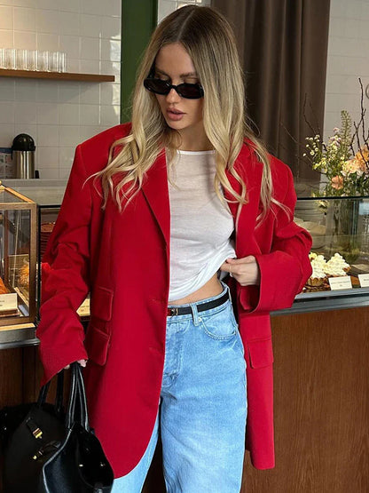 maoxiangshop  -  Autumn Red Fashion Blazer Women 2024 New Single Breasted Long Sleeve Pockets Outerwear Streetwear Fashion Casual Jackets Female