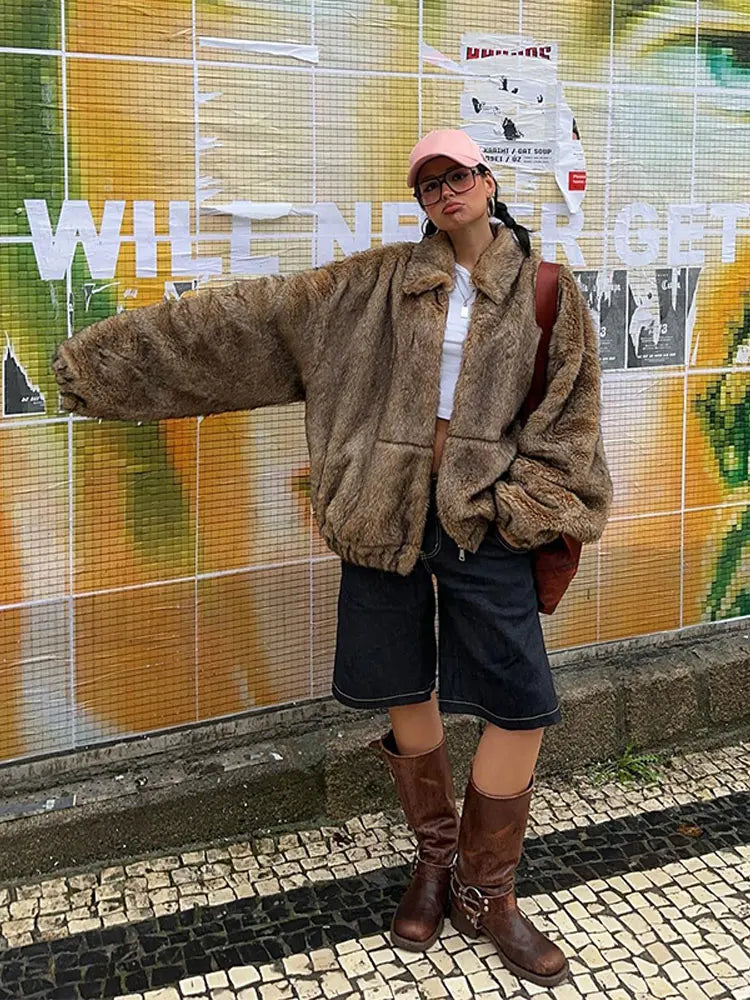 maoxiangshop -  Fluffy Faxu Fur Plush Coat For Women Brown Long Sleeve Lapel Oversized Outwear Thick Warm Winter Female Street Jacket