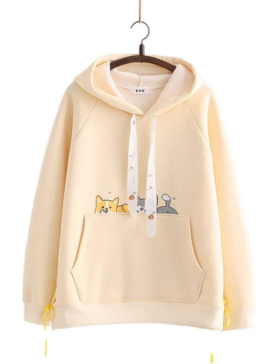 Shiba Inu Print Kawaii Women Hoodies Chic Drawstring Harajuku Cute Hooded Sweatshirts Winter Long Sleeve Female Sweet Tops