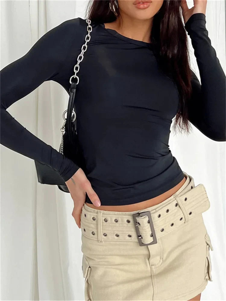 maoxiangshopWomen Casual Long Sleeve T-Shirts Spring Autumn Solid Slim Fit Pullovers Tees Shirts Female Streetwear Base Tees Tops