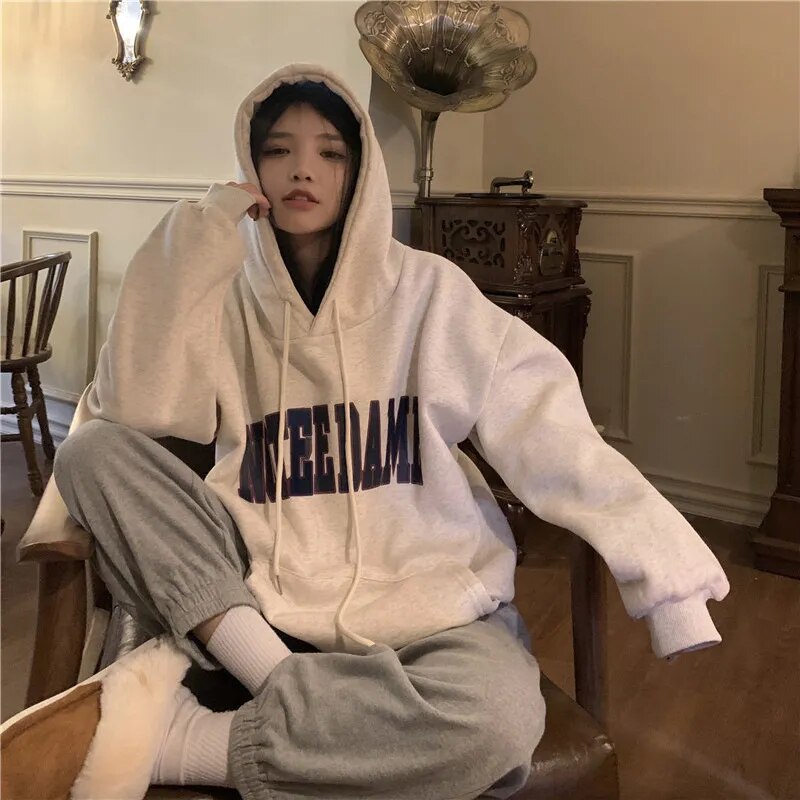 maoxiangshop 2023 Autumn Women Letter Print Oversized Hoodie Harajuku High Street Loose Hooded Sweatshirt Y2k Clothes Streetwear Pullover Top