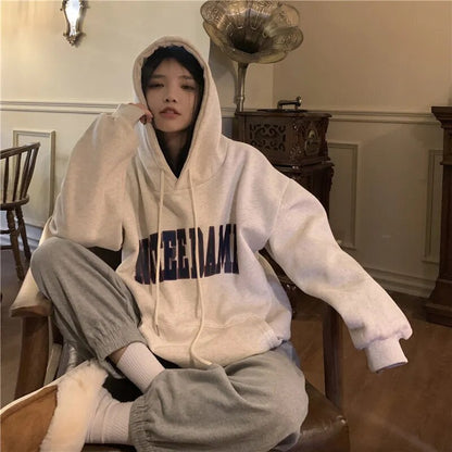 maoxiangshop 2023 Autumn Women Letter Print Oversized Hoodie Harajuku High Street Loose Hooded Sweatshirt Y2k Clothes Streetwear Pullover Top