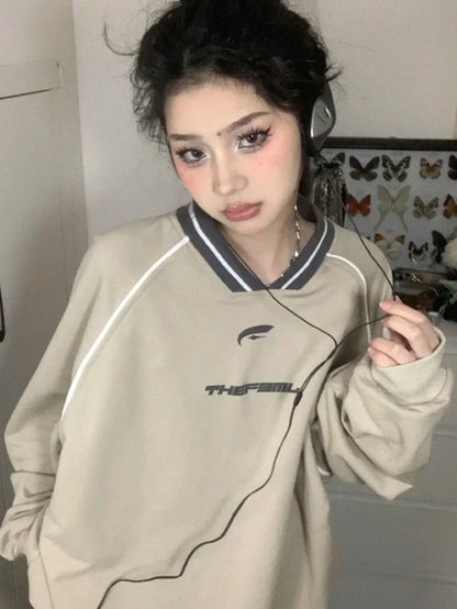 maoxiangshop2 Vintage V Neck Sweatshirt Women Korean Fashion Streetwear Kpop Pullover Casual Harajuku Grunge Cotton Top Autumn Winter
