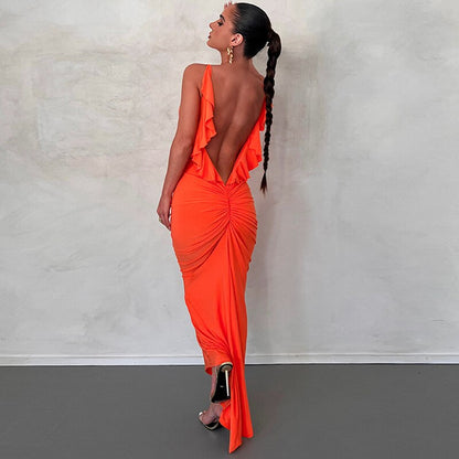 maoxiangshop Backless Maxi Dress Elegant Red Long Sleeve Sexy Ruched Bodyocn Evening Party Dress for Women Spring Slim Christmas Outfits