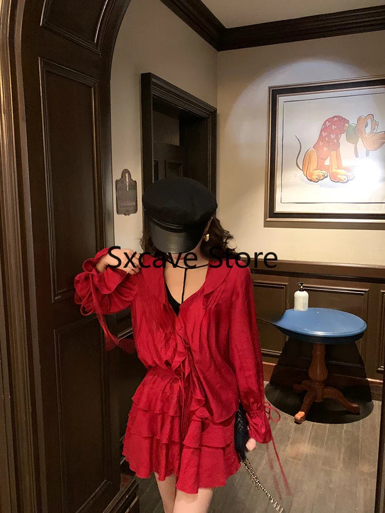 Autumn Red 2 Piece Dress Set Women Casual V-Neck Y2k Crop Tops + Mini Skirts Even Party Clothing Korean Style Fashion Suits