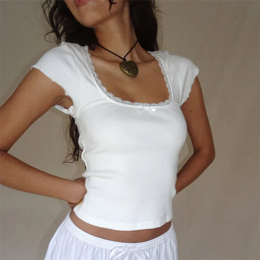 maoxiangshopY2k Vintage Baby Tee Cottage Lace Trim Knitted T-Shirt Summer Square Neck Short Sleeve Tee Shirt  Women White Milkmaid Crop Top