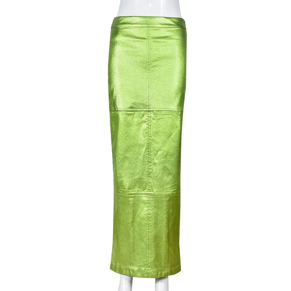 maoxiangshop Sexy Sparkly Slit Long Skirts Women High Waist Metallic Green Slim Maxi Skirt Summer Harajuku Elegant Fairy Grunge Clothes