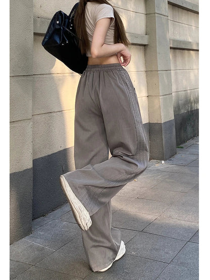 maoxiangshop Side Stripe Retro Loose Lace-up Wide Leg Casual Long Women Pants Korean Fashion High Waist Trouser Lady Autumn Y2k Street Pants