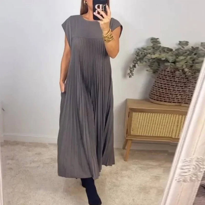 maoxiangshop Solid Color Loose Swing Sleeveless Long Dress Female Round Collar Basic Pleated Dress Spring Summer Casual Wome Beach Boho Robe