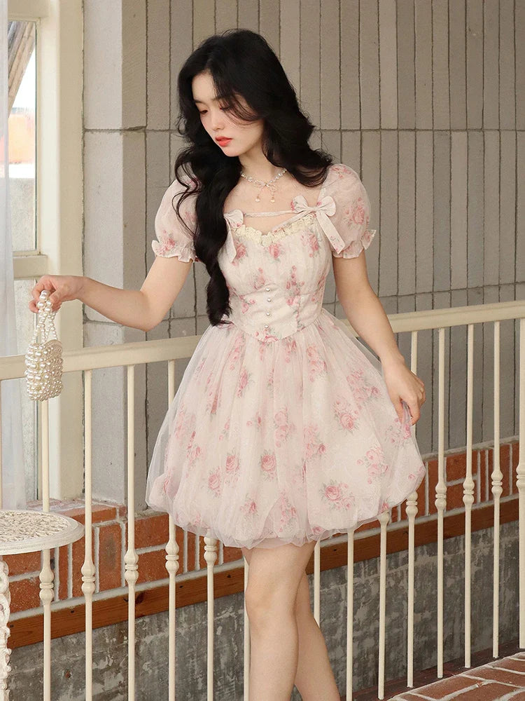 Floral Sweet Fairy Bodycon Dresses for Women Elegant Party Print French Female Korean Fashion Cute Mini Dress Summer 2023 Pink