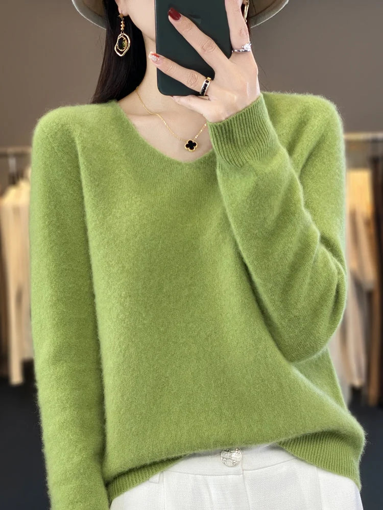 maoxiangshop Pure Wool V-Neck Sweater Women's Short Autumn And Winter All Loose And Thin Pullover Sweater Base Shirt Solid Color Authentic