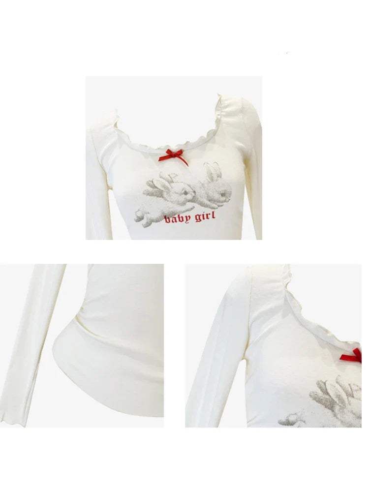 Autumn Women Korean Fashion Coquette Graphic Mori Girl T-Shirts Kawaii Tees Long Sleeve fairycore Crop Tops Gyaru Y2k Aesthetic