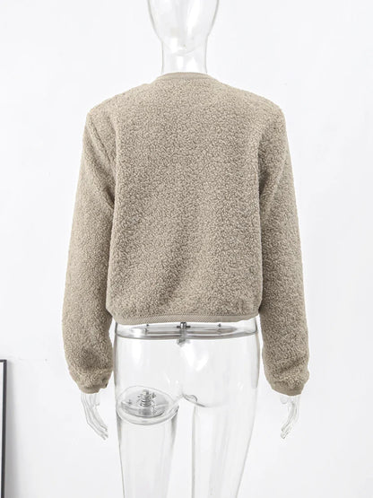 maoxiangshop  -  Fashion Lamb Wool Women Short Coats O-neck Long Sleeve Single Breasted Jackets Female Autumn Winter Office Lady Commuting Coat