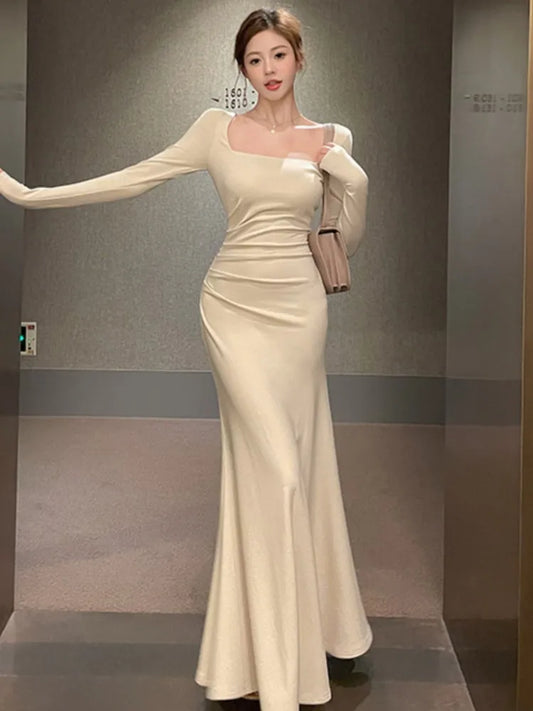 2023 Elegant Slim Waist Women Mermaid Dress French Square Neck Lady Party Solid Midi Dresses Vintage Long Sleeve Female Clothes