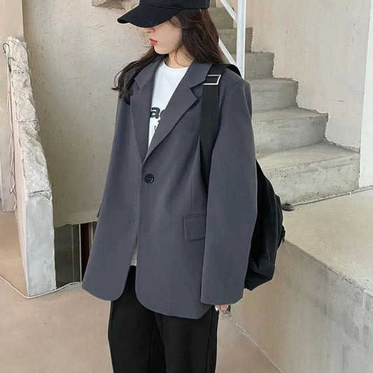 maoxiangshop Korean Style Gray Blazer for Women Spring Autumn Long Sleeve Loose Suit Coat Woman Single Breasted Chic Jackert Female