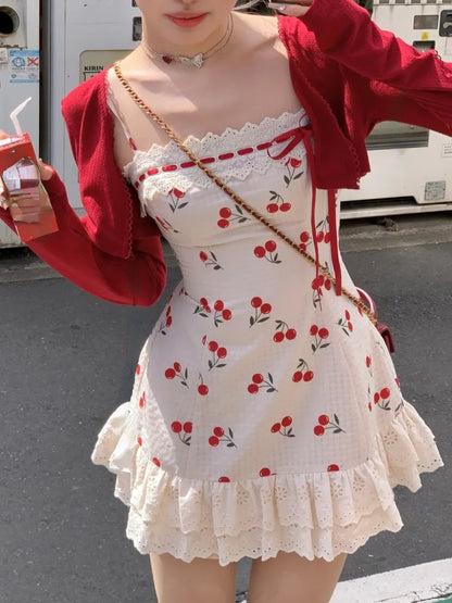 New Red Casual Crop Tops Cardigan Sweet Lace Y2k Mini Dress Party Sexy Strap Dress Korean Fashion Suit Woman Autumn Chic