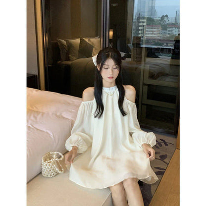 Sweet Elegant Dress Women Halter Off Shoulder Lantern Long Sleeve A Line Mini Dresses Korean Bandage Loose Chic Vestidos