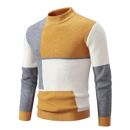 maoxiangshop Men's Autumn Winter New Mock Neck Pullovers Fashion Patchwork Knitted Warm Sweater Man Slim Fit Casual Knitwear Sweaters Tops