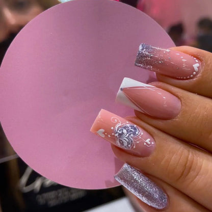 maoxiangshop 24pcs/set ballet short fake nails for Valentine's Day cute heart with glitters french white square tips press on false nail art