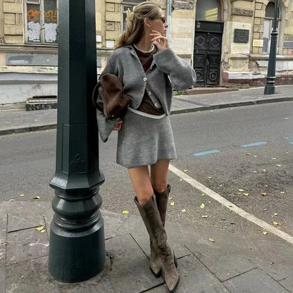 maoxiangshop  -  Women's Knitted Suit Lapel Flare Sleeve Cardigan Skirt Autumn Winter New Fashion Solid Slim Female Sweater Two Piece Sets