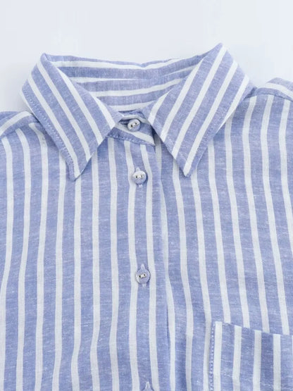 maoxiangshop  -  Striped Pocket Blouses Women 2024 New Single Breasted Long Sleeve Blouse Female Autumn Casual Simple Thin Lapel Collar Shirts
