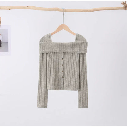 maoxiangshop-Off Shoulder Knit Pullover Women Chic Casual Slim Gentle Tops Female Spring New Square Neck Solid Long Sleeves Knitwears Lady