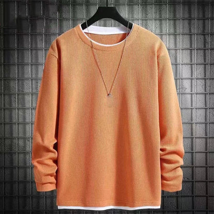 maoxiangshop Autumn Men's Round Neck T-Shirts Fashion Fake-two Pieces Street Long Sleeve T-shirt Sports Athletic Pullover Blouse Tops For Man