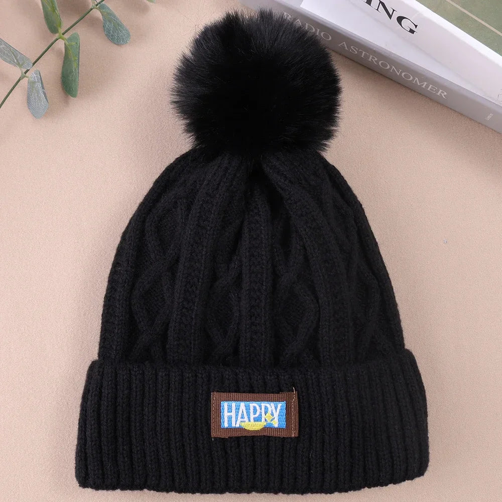 maoxiangshop thicken Fur Pom Knitted Beanies Hat Female Plush Winter Fleece-lined Warm Hats for Women Girl's Outdoor Woolen Thermal Gorro Cap