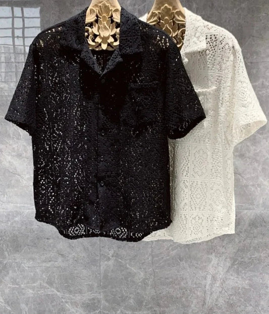 maoxiangshop Summer Mens Hollow Out Crochet Beach Shirt Short Sleeve Single Breasted Loose Fit Tops Vintage Breathable Night Clubwear Shirts