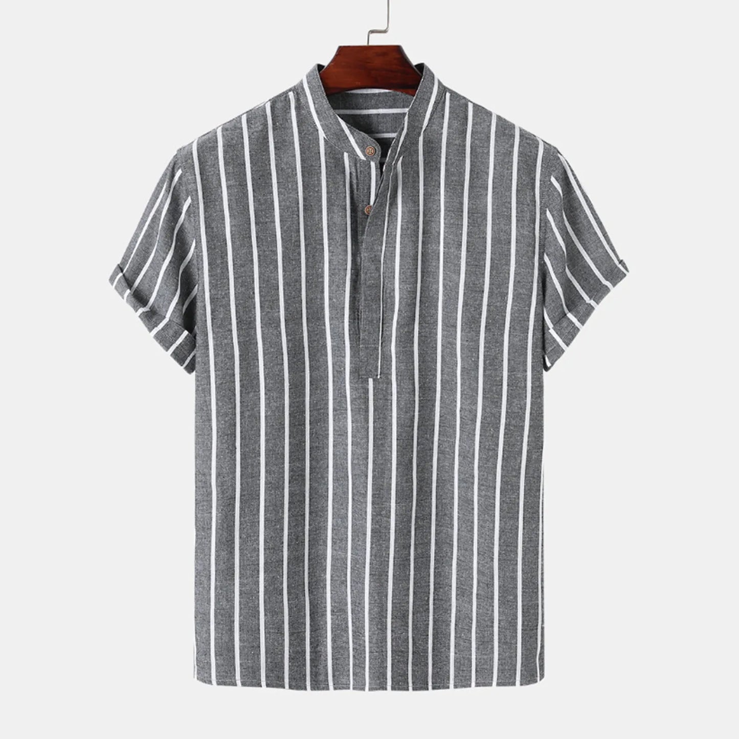 maoxiangshop Summer Blouse Male Casual Stripe Printing Shirt Short Sleeve Stand Collar Blouse Tops For Mens Outdoor Beach Shirts рубашка