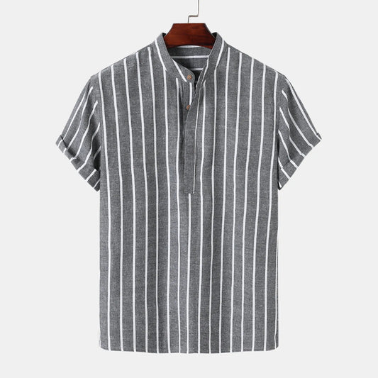 maoxiangshop Summer Blouse Male Casual Stripe Printing Shirt Short Sleeve Stand Collar Blouse Tops For Mens Outdoor Beach Shirts рубашка