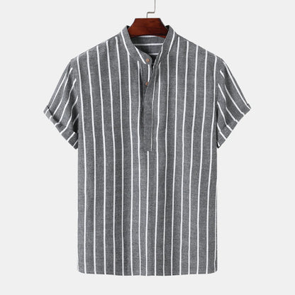 maoxiangshop Summer Blouse Male Casual Stripe Printing Shirt Short Sleeve Stand Collar Blouse Tops For Mens Outdoor Beach Shirts рубашка