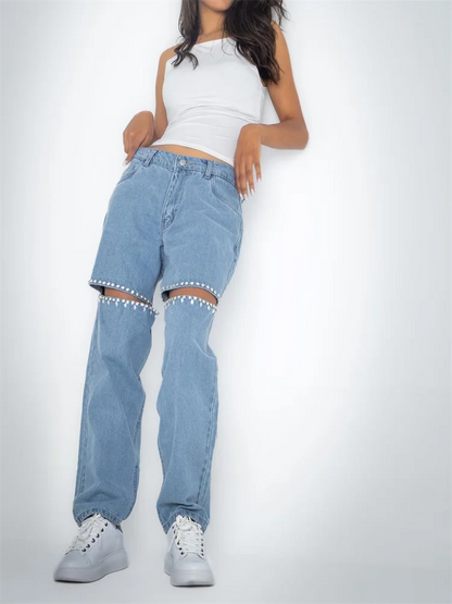 maoxiangshop -  Chic Diamond Design Blue Distressed Relaxation of Tall Waist Wide Legged Pants Women 2024 Spring Autumn Hollow Out Ladies Jeans