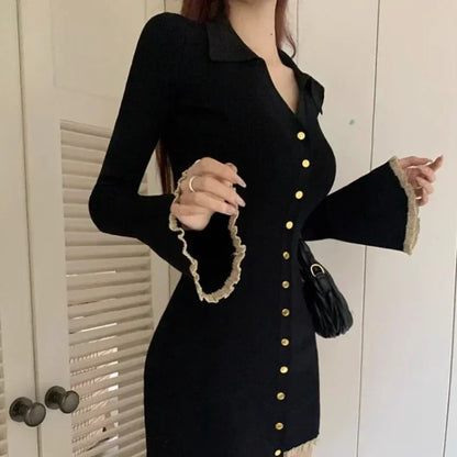 Coquette Black Mini Cabaret Dress Women Korean Style Y2k Sweet Ruffles Long Flare Sleeve Tunic Knitted Dresses Autumn
