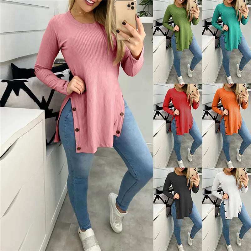 maoxiangshop Pit strip solid color round neck slit button long sleeve T-shirt large size women's blouse