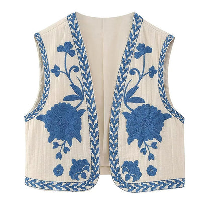 maoxiangshopWomen Fashion Y2k Vintage Floral Embroidery Vest Top V Neck Loose Casual Summer Woman Short Cardigan Waistcoat Chic Tops