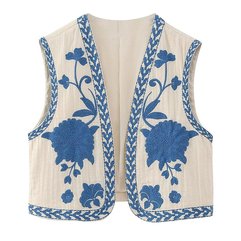 maoxiangshopWomen Fashion Y2k Vintage Floral Embroidery Vest Top V Neck Loose Casual Summer Woman Short Cardigan Waistcoat Chic Tops
