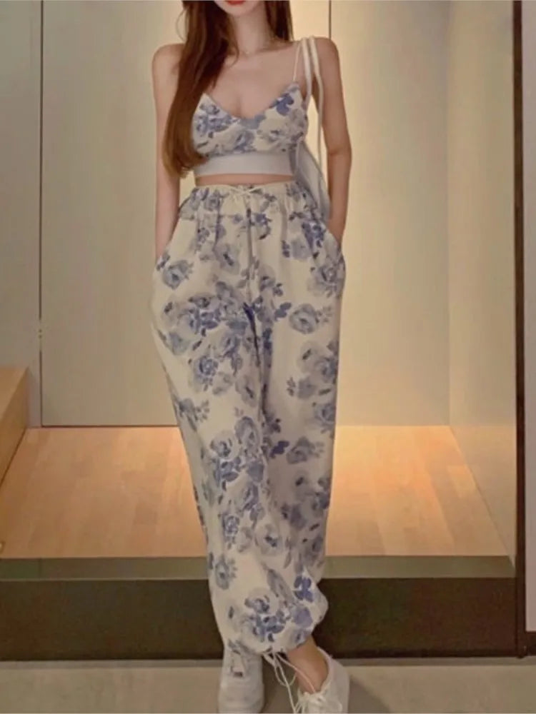 maoxiangshopSexy Y2k Floral Two Piece Top Pant Set Women Korean Casual High Street Summer Suits Elegant Mini Top Long Wide Leg Pants