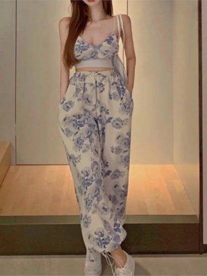 maoxiangshopSexy Y2k Floral Two Piece Top Pant Set Women Korean Casual High Street Summer Suits Elegant Mini Top Long Wide Leg Pants