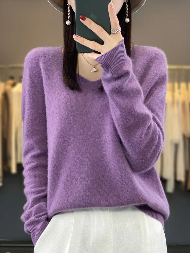 maoxiangshop Pure Wool V-Neck Sweater Women's Short Autumn And Winter All Loose And Thin Pullover Sweater Base Shirt Solid Color Authentic