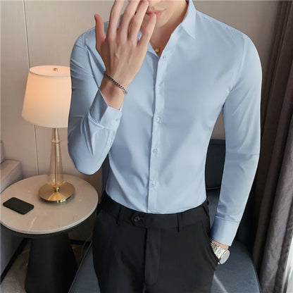 maoxiangshop Mens Shirts Autumn New Long Sleeve Stripe Dress Shirt Solid Casual Formal Wear Slim Fit Chemise Homme Camisas Men Clothing