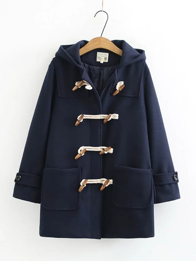 Winter Women Wool Blends Coat Straight Long Hooded Coats Jacket  Horn Button  Sleeve Preppy Style Female Warmness Outwears